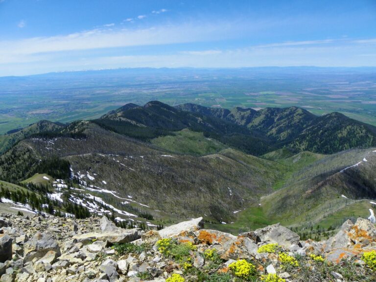 View of Bozeman and the Gallatin Valley from rocky Saddle Peak in the Bridger Mountains