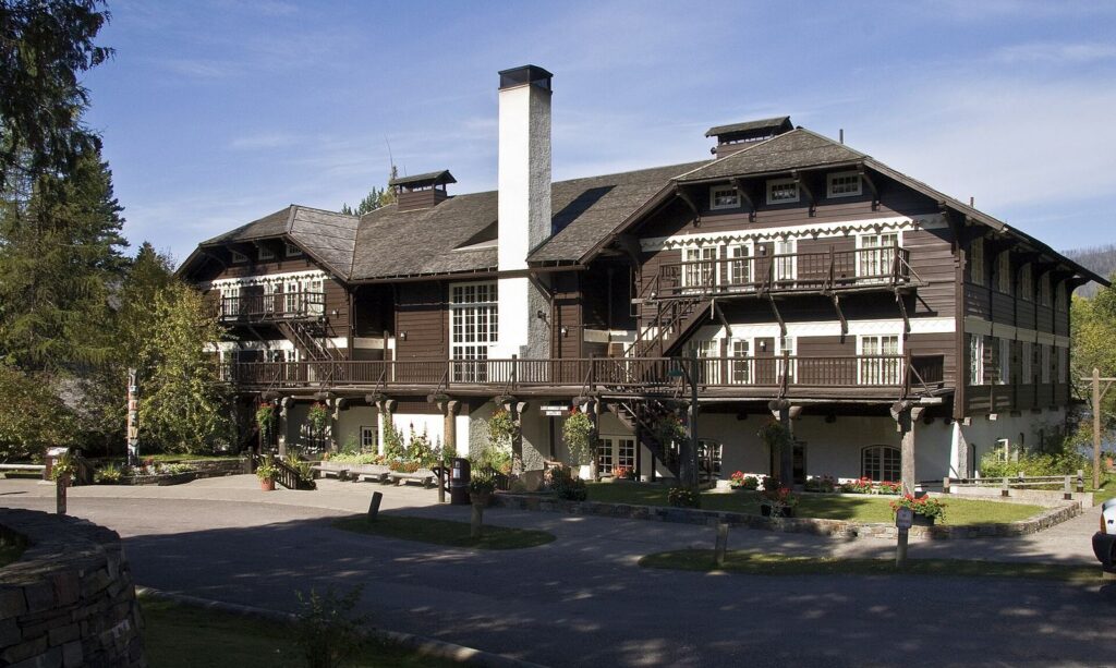Lake McDonald Lodge, a historic chalet-style hotel among the trees on the west side of Glacier National Park