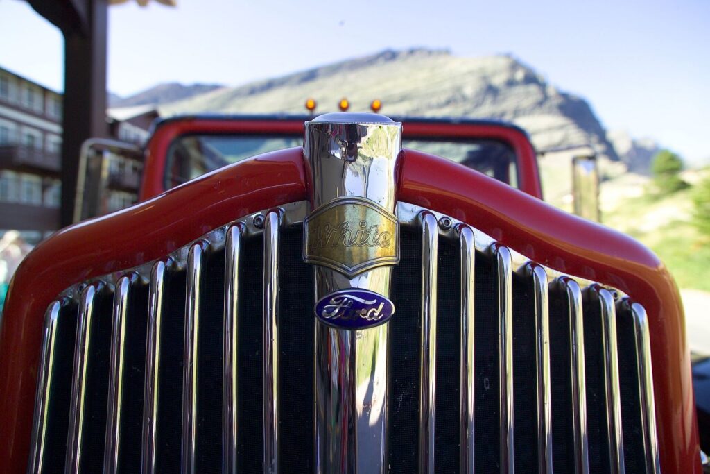 Chrome grille of one of the historic red tour buses in Glacier National Park