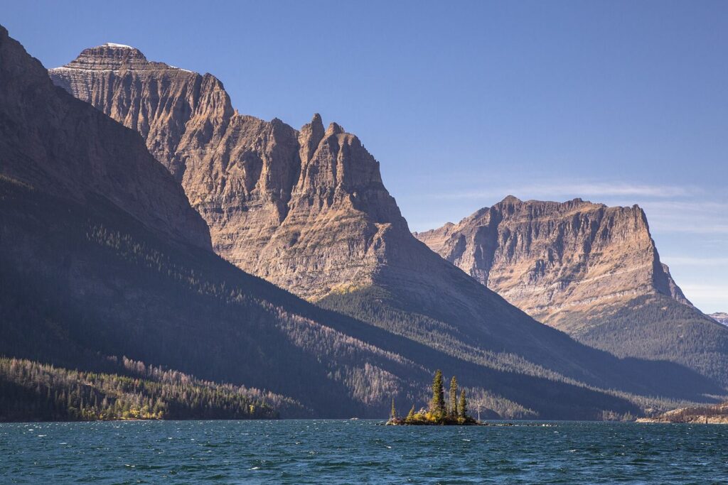 Wild Goose Island in St. Mary Lake below steep mountains along the east side of Going-to-the-Sun Road