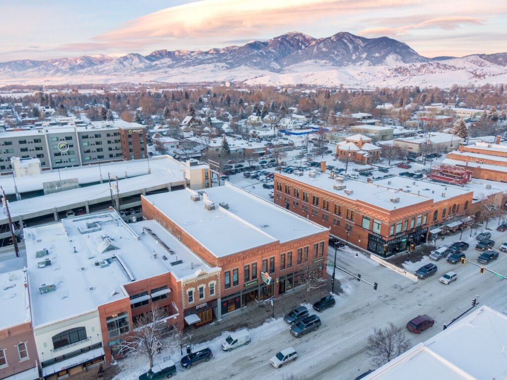 Downtown Bozeman in winter, the base for a Bridger Bowl ski trip.