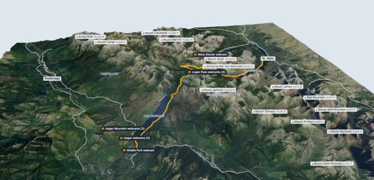 3D satellite map of Glacier National Park showing Lake McDonald, Going-to-the-Sun Road over Logan Pass, high peaks, and live webcam locations