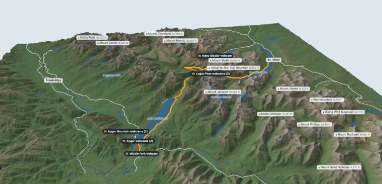 3D map of Glacier National Park showing Lake McDonald, Going-to-the-Sun Road over Logan Pass, high peaks, and live webcam locations